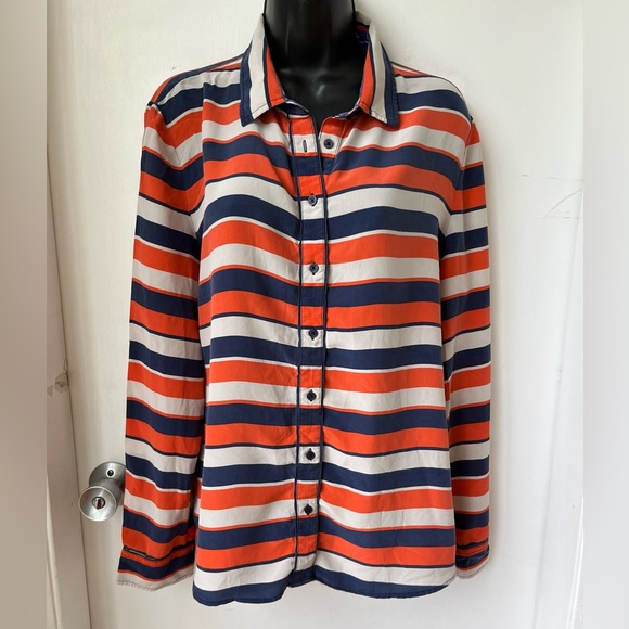 100% Silk Striped Sperry Blouse Sz Large - Picture 2 of 13
